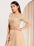 Elegant gold crochet padded blouse with V-neck and elbow sleeves for traditional sarees