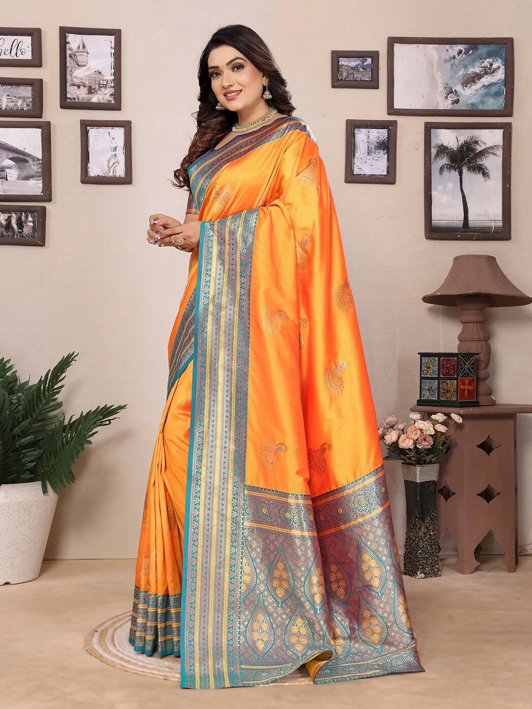 Orange Banarasi Small Butti Soft Silk Saree