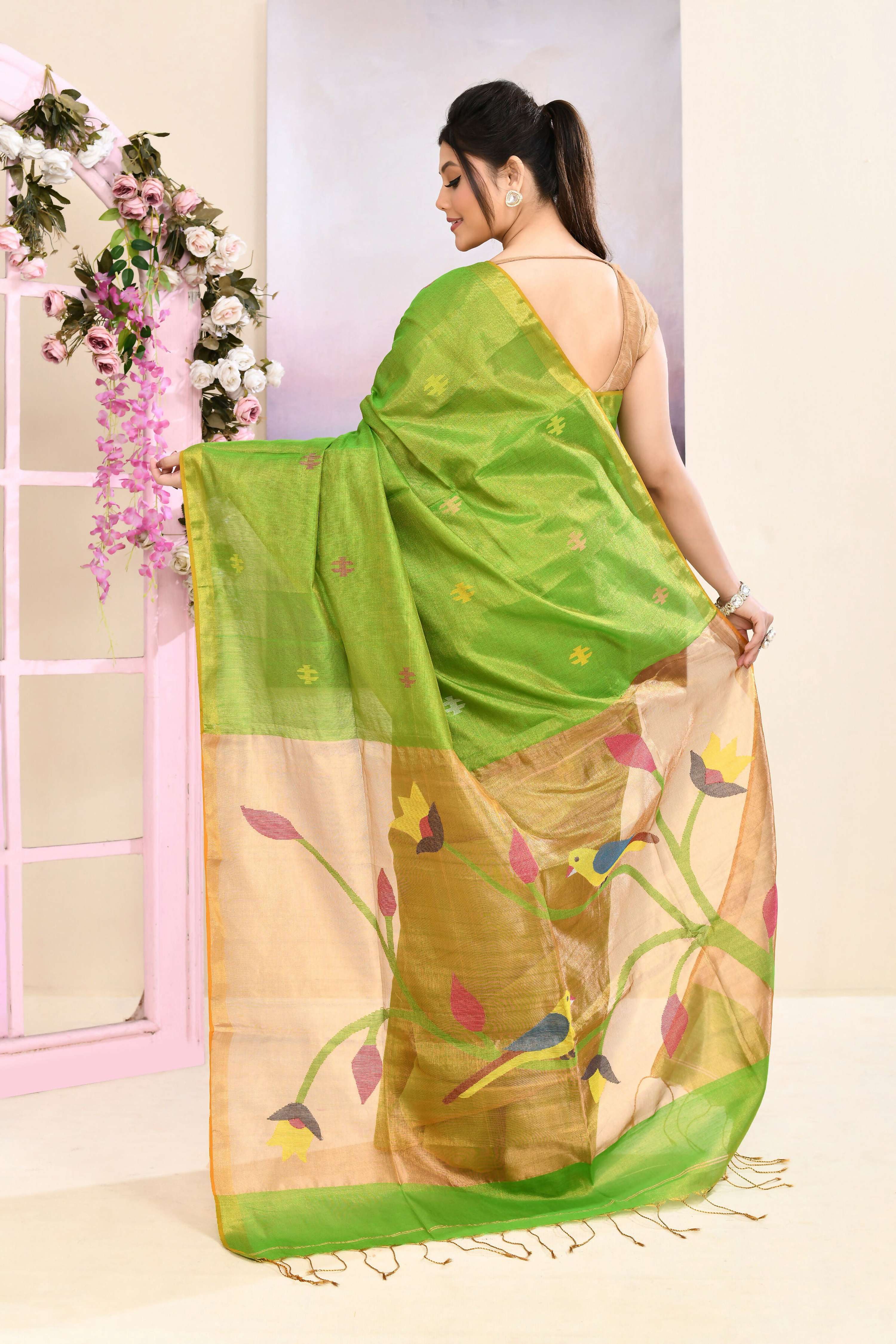 Green Tissue Jamdani Saree with Elegant Embellishments