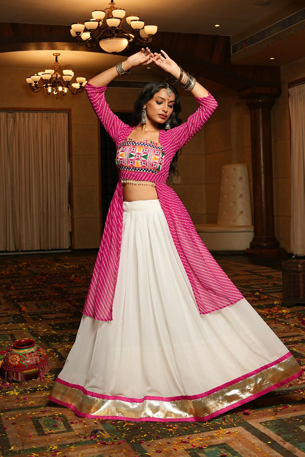 White Georgette Lehenga Choli with Pink Blouse for Navratri