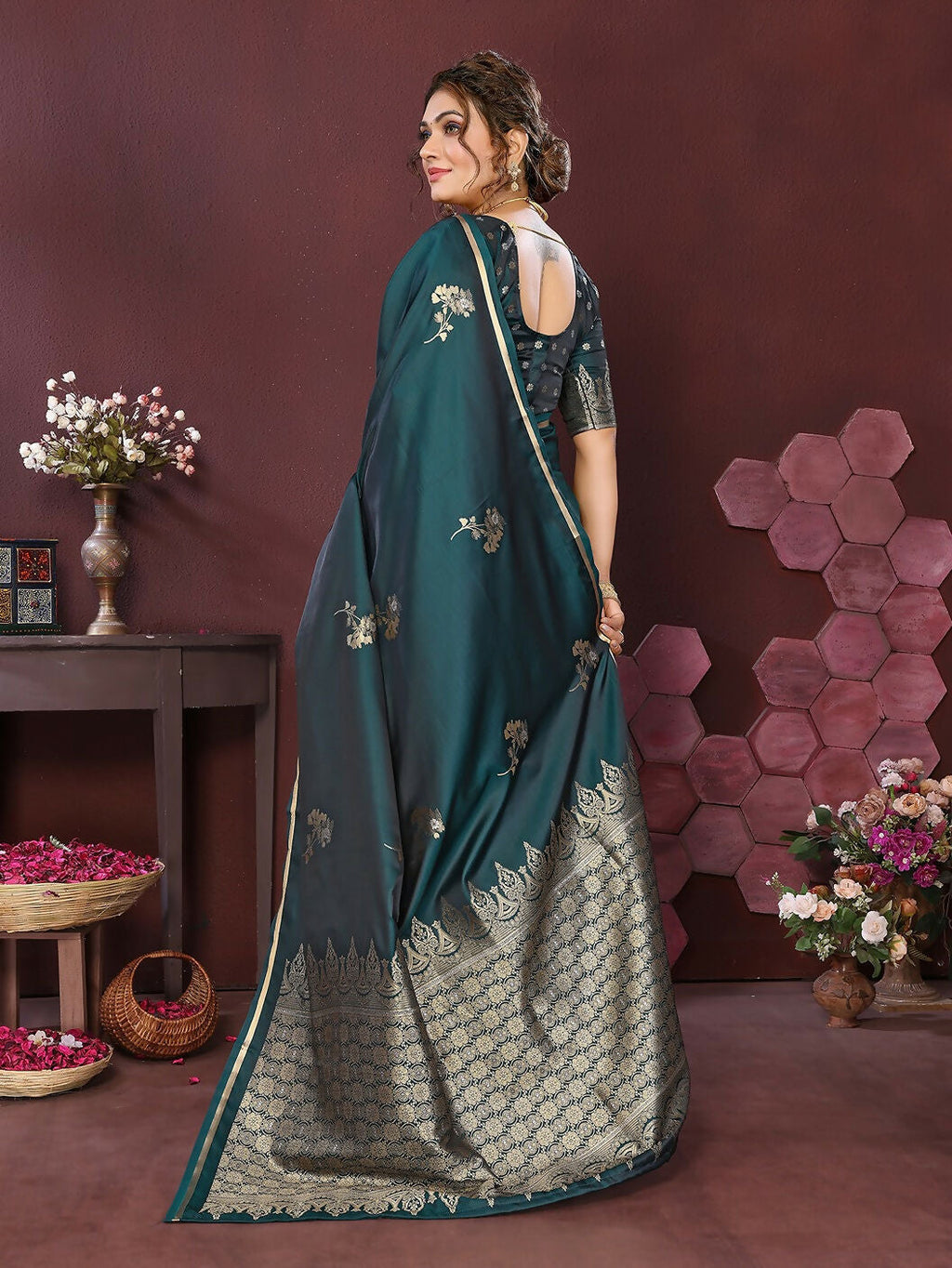 Teal Floral Satin Silk Saree with Unstitched Blouse