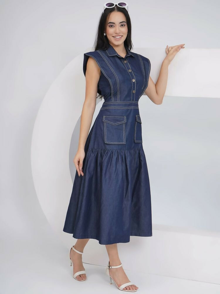 Blue Denim Midi Dress with Sleeveless A-Line Silhouette
