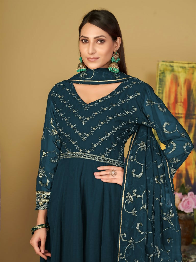 Women's Teal Georgette Embroidered Anarkali Kurta Pant Set