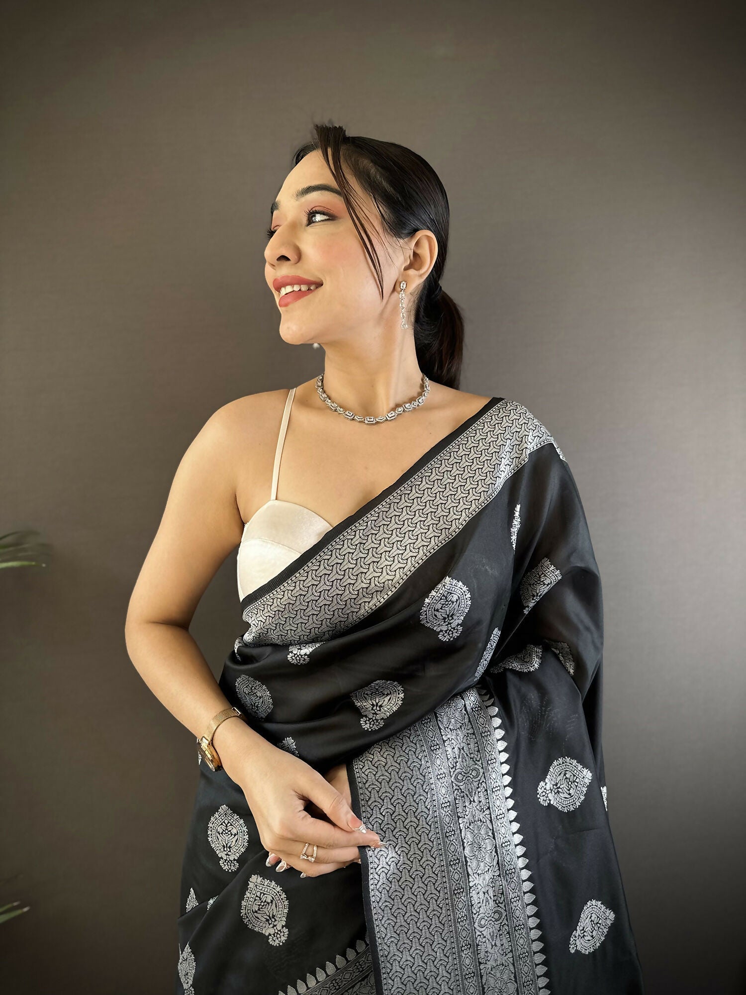 Black Floral Soft Silk Banarasi Saree with Matching Blouse