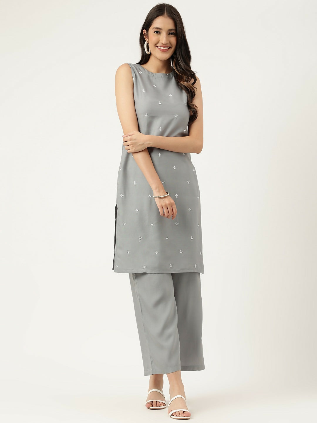 Grey rayon straight kurta and matching bottom set featuring detailed embroidery