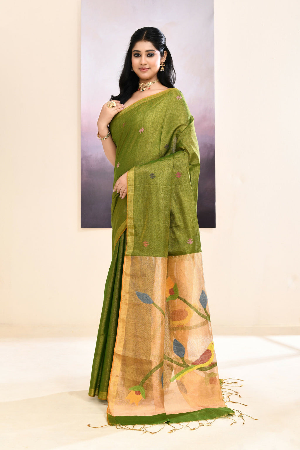 Olive Embellished Tissue Jamdani Saree with Elegant Sheen