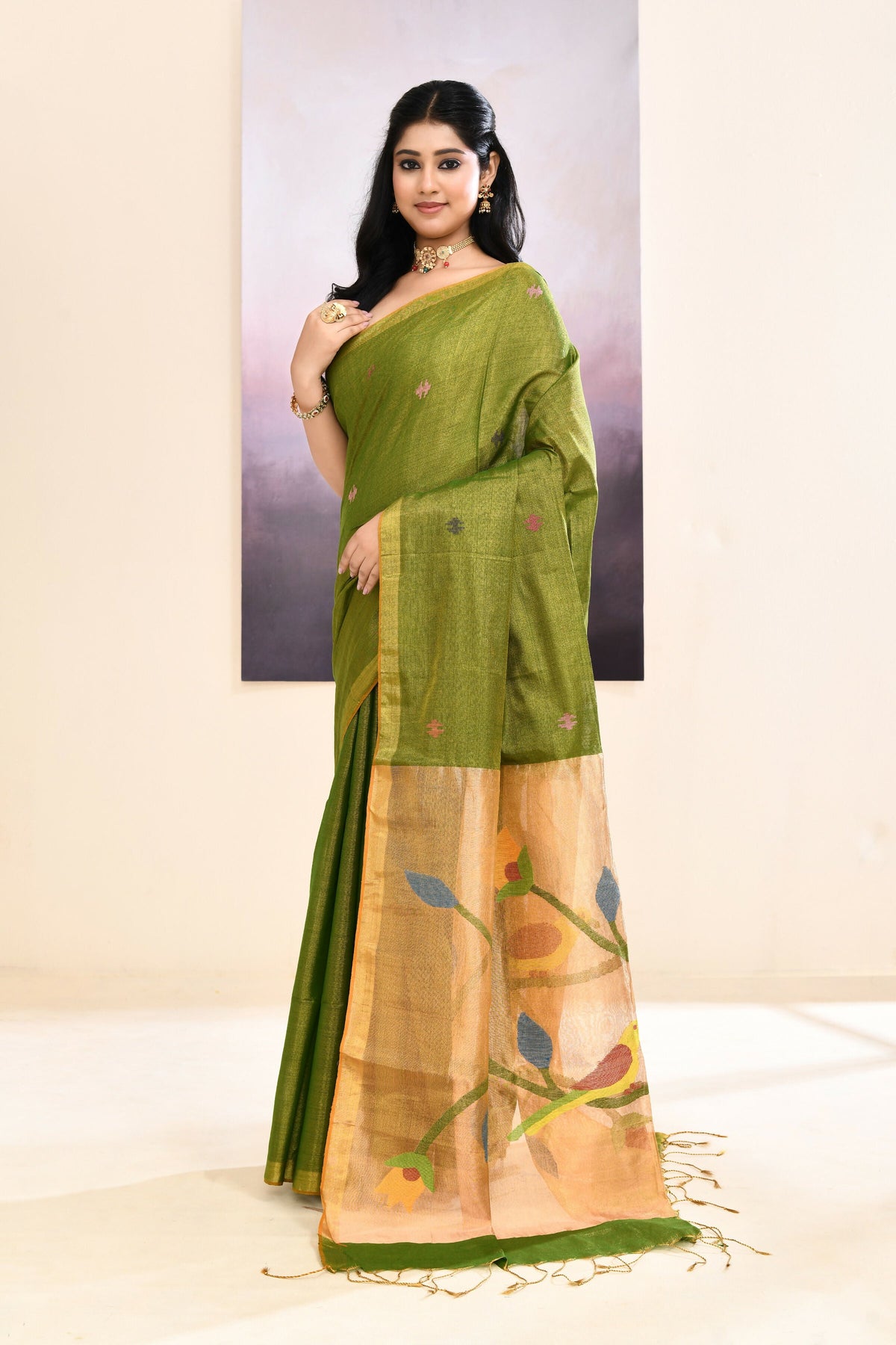Olive Embellished Tissue Jamdani Saree with Elegant Sheen