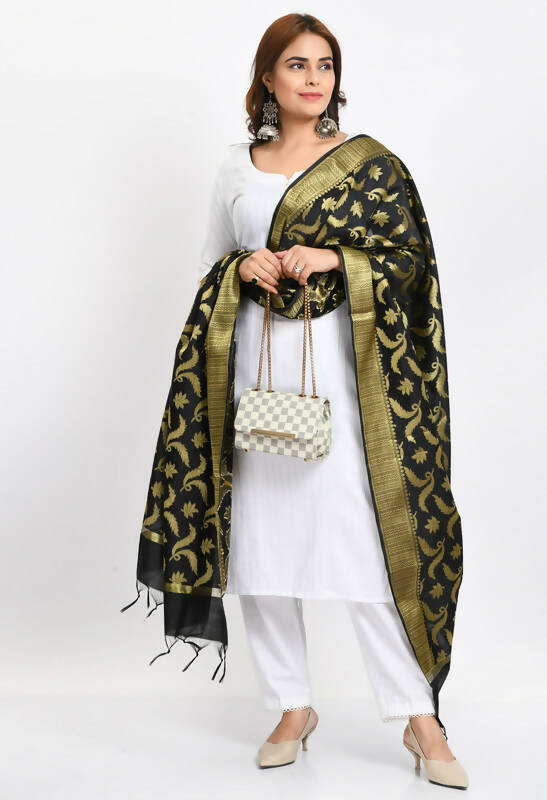 Black Banarasi Silk Floral Woven Design Festive Dupatta