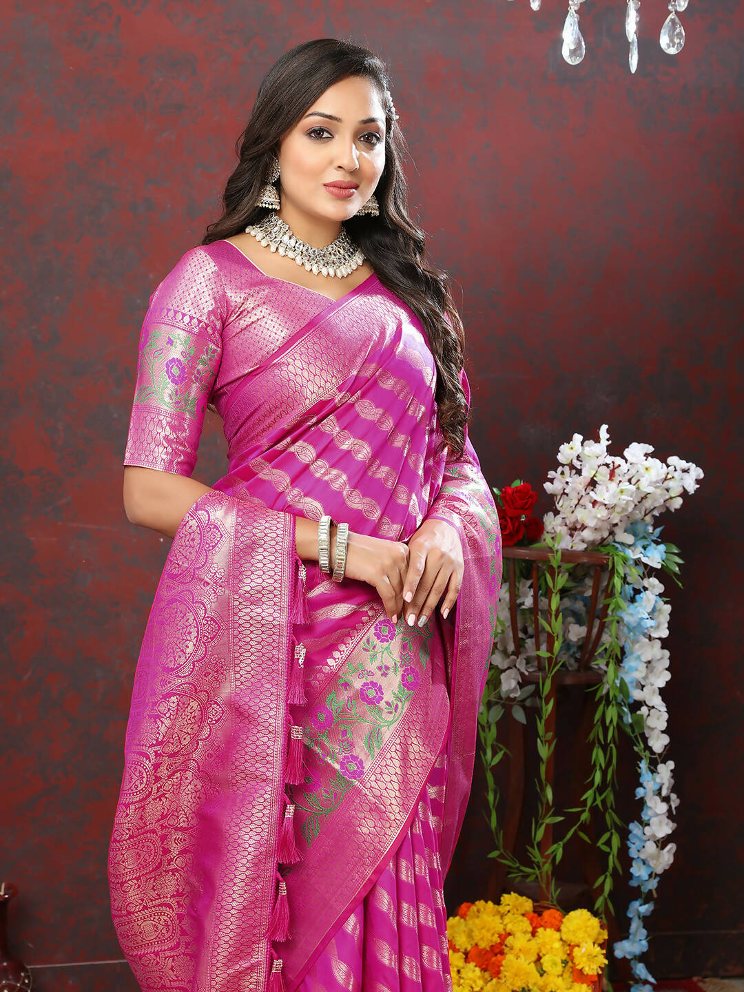 Magenta Leheriya pattern saree with Zari weaving and silk finish