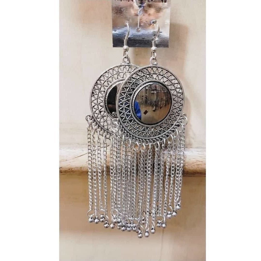 Round shape silver tone earrings with hanging chains for women and girls