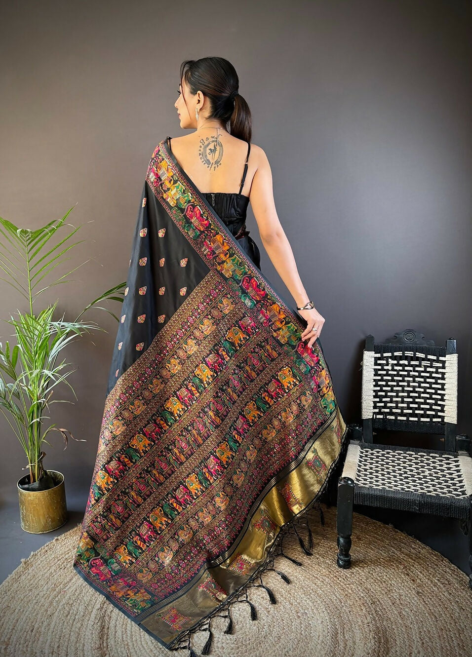 Black Meena Weaves Soft Silk Saree with Unstitched Blouse Piece