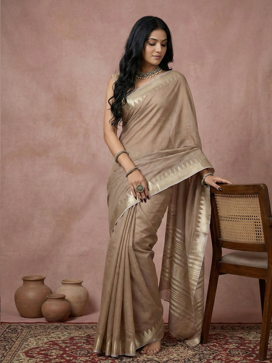 Women's Beige Cotton Saree with Matching Blouse