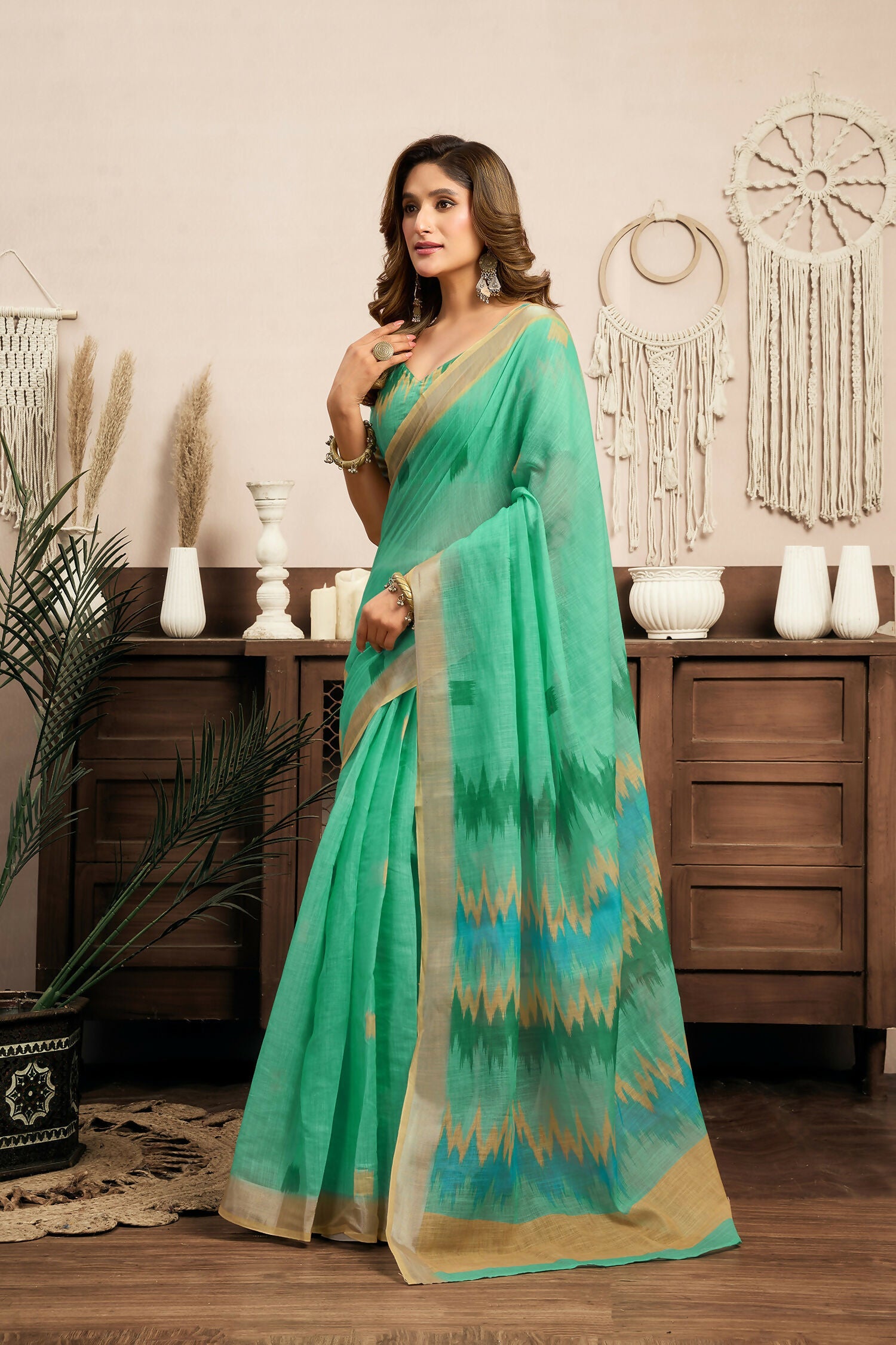 Teal Green Ikkat Linen Ready To Wear Saree with Blouse