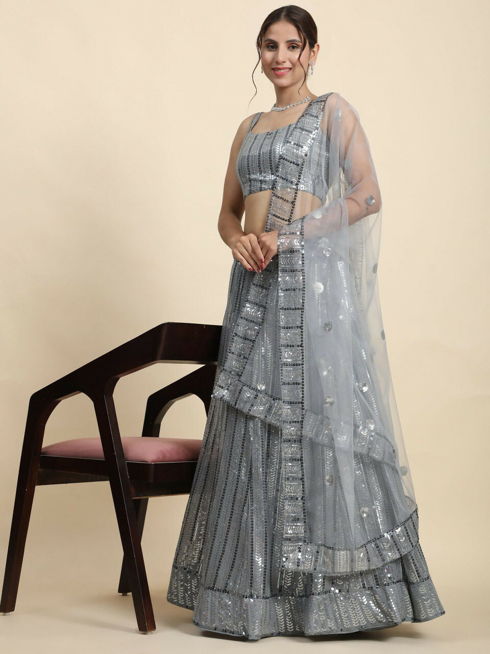 Classy Grey Faux Georgette Sequins Embroidery Lehenga Choli