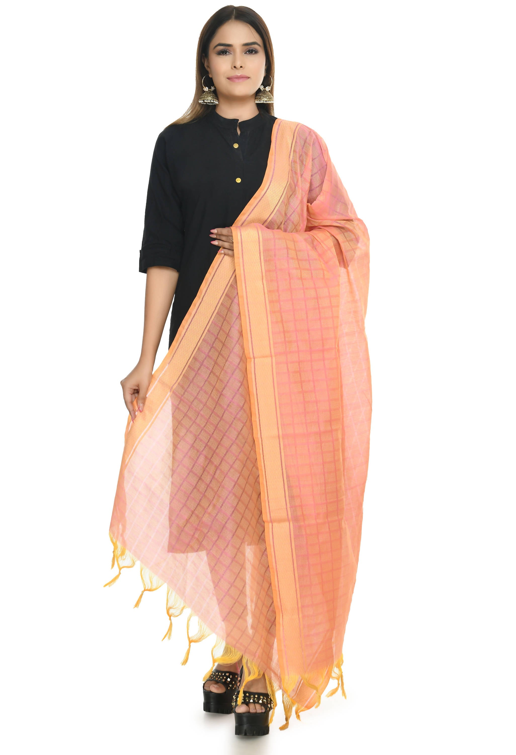 Peach Handloom Cotton Dupatta - Soft Breathable Ethnic Scarf