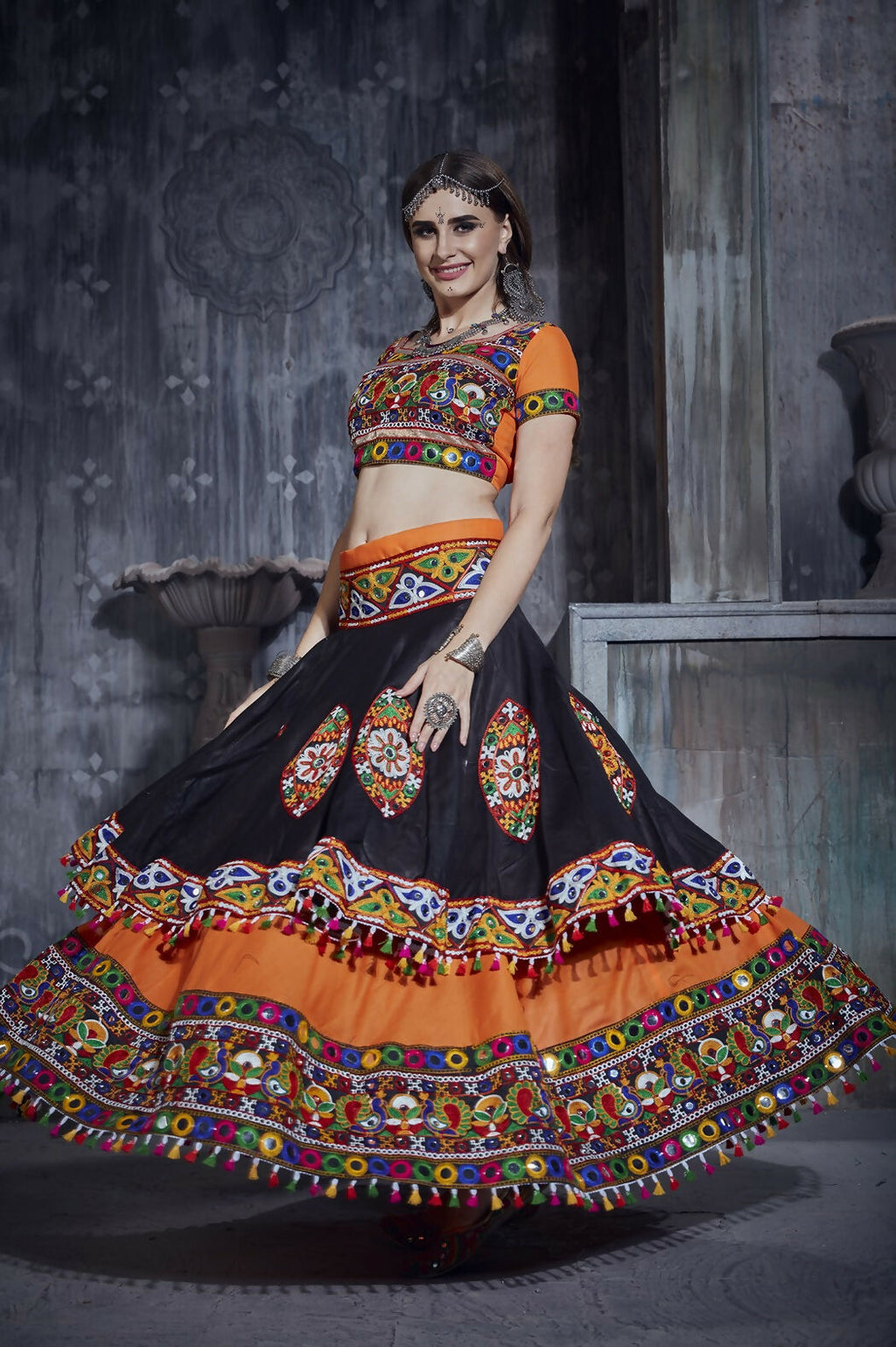 Black-Orange Art Silk Designer Navratri Lehenga Choli Set