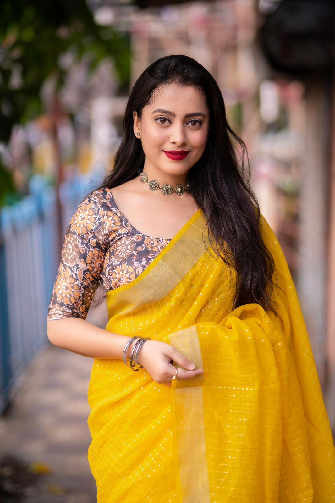 Mustard Linen Saree with Sequence and Golden Pattu Border