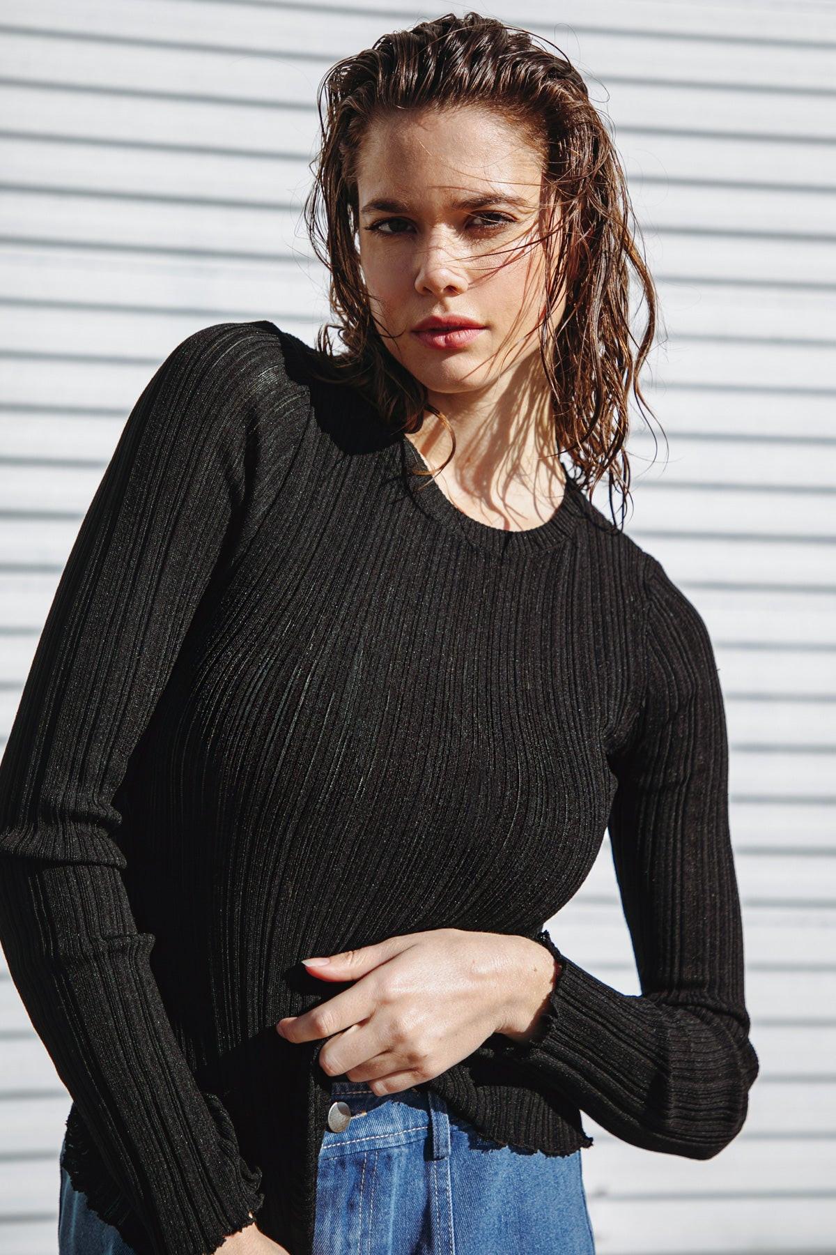 Black Long Sleeve Ribbed Knit Sweater Top
