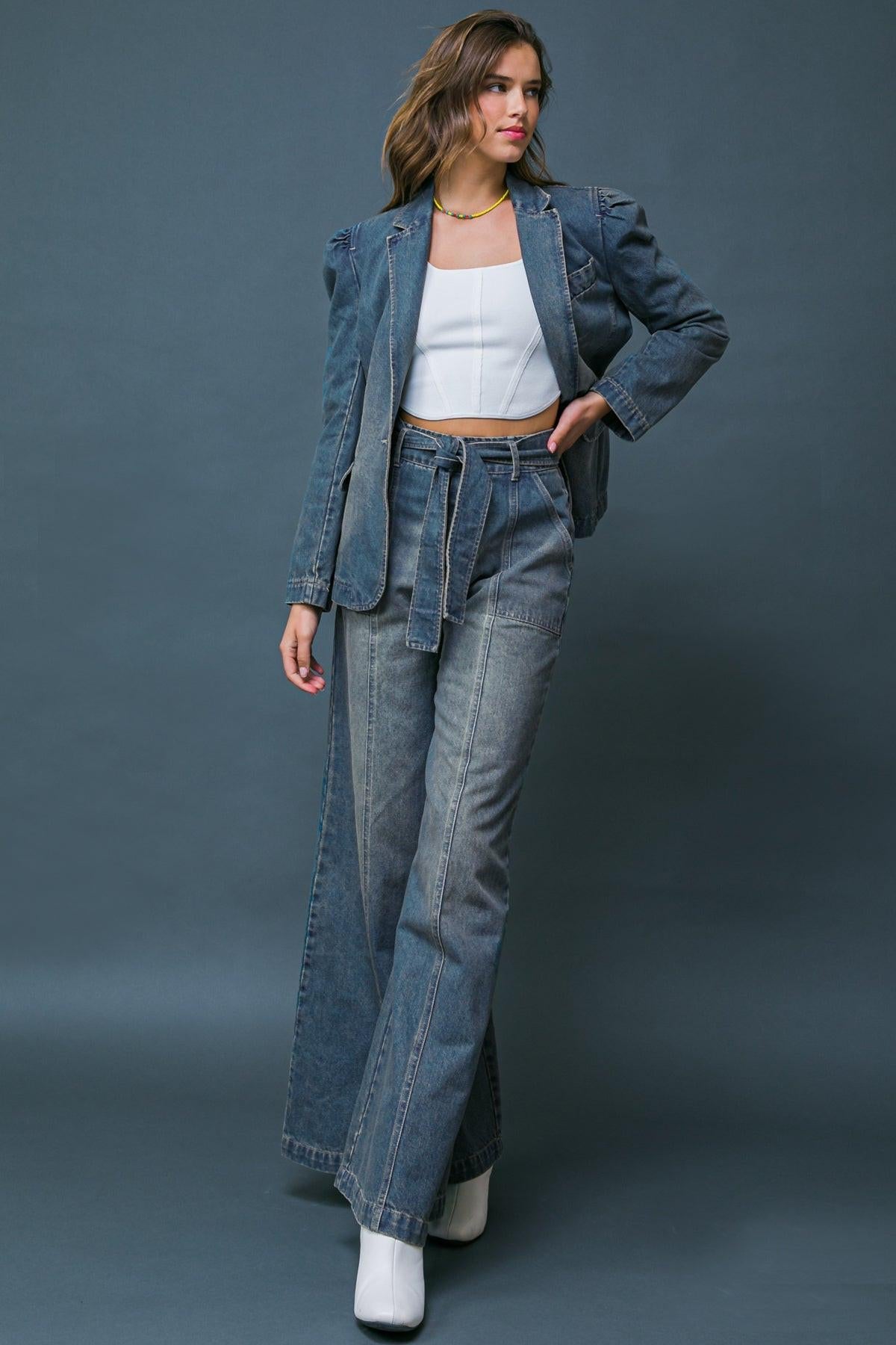Washed Denim Blazer with Puff Sleeve Detail - Image 5