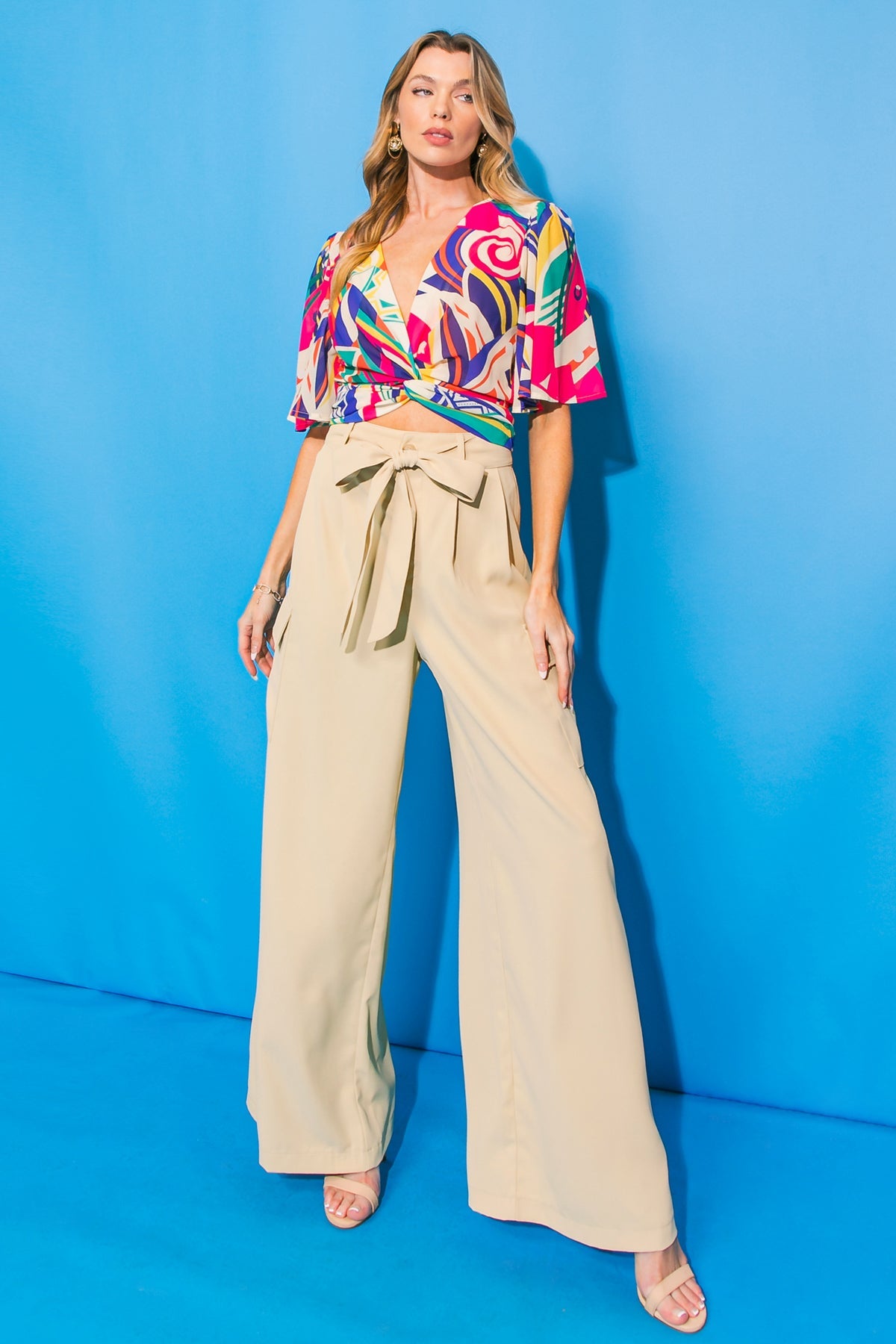 Beige High-Waisted Wide Leg Cargo Pants with Tie Sash Belt - Image 3