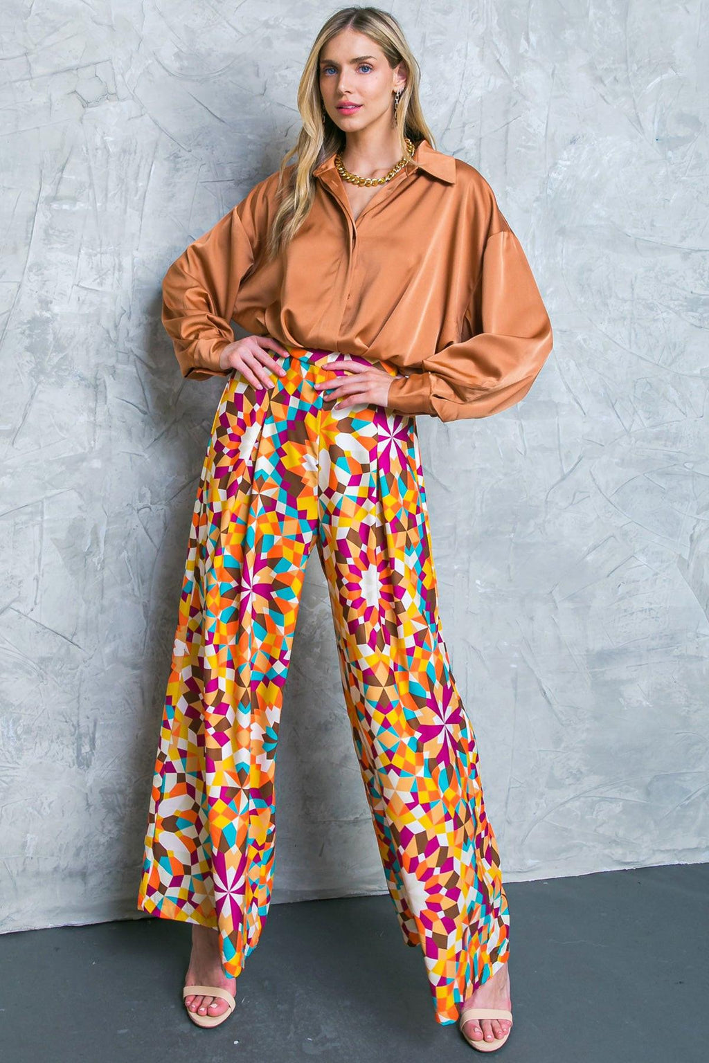 Satin Button Down Long Sleeve Blouse with Adjustable Cuffs - Image 3