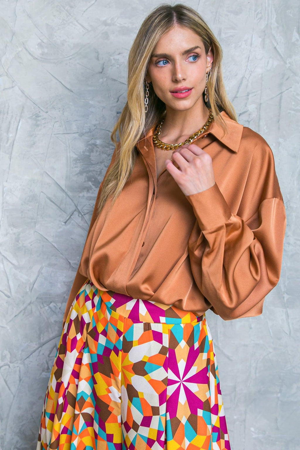 Satin Button Down Long Sleeve Blouse with Adjustable Cuffs - Image 6