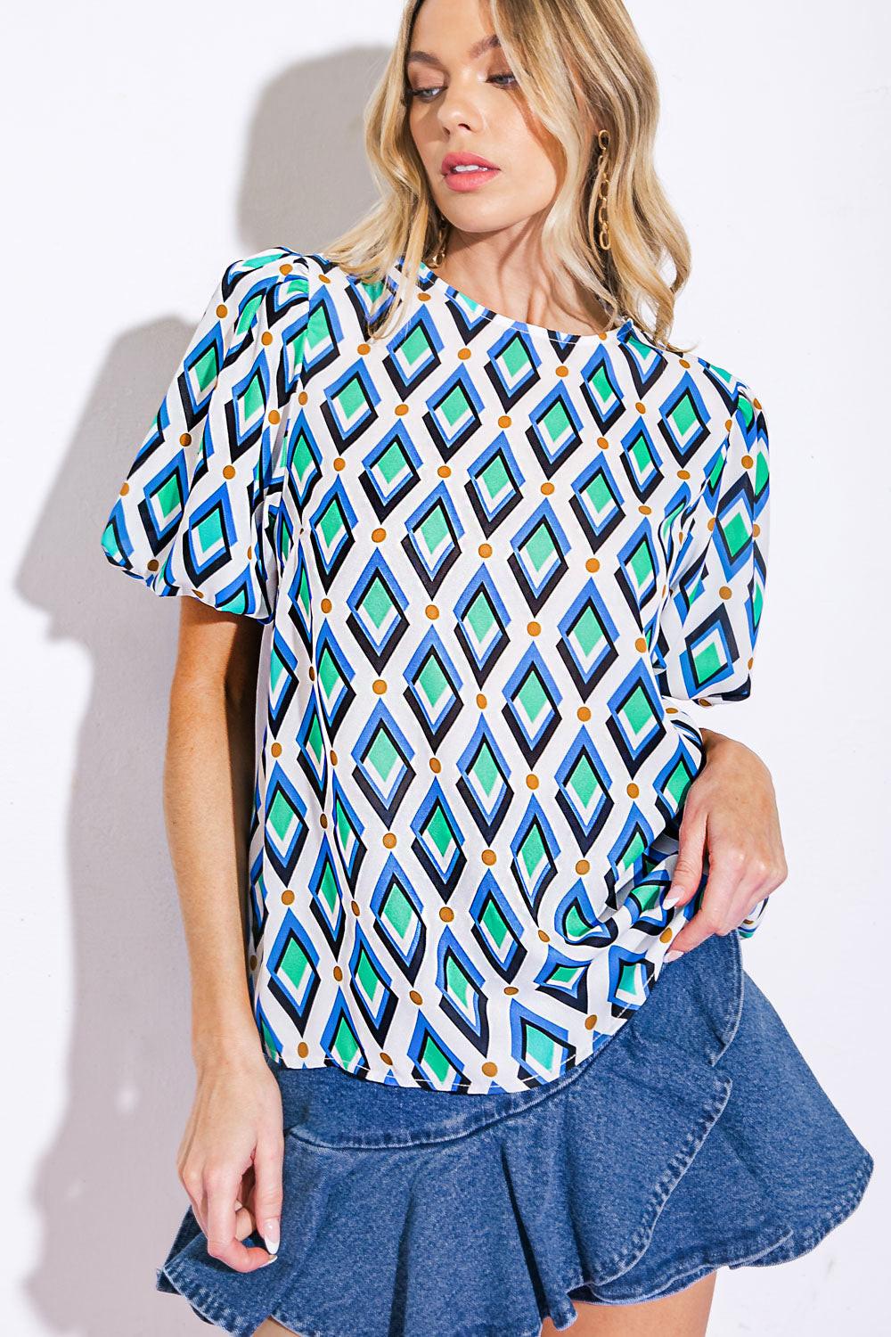 Geometric Print Short Sleeve Woven Blouse with Button Back - Image 4