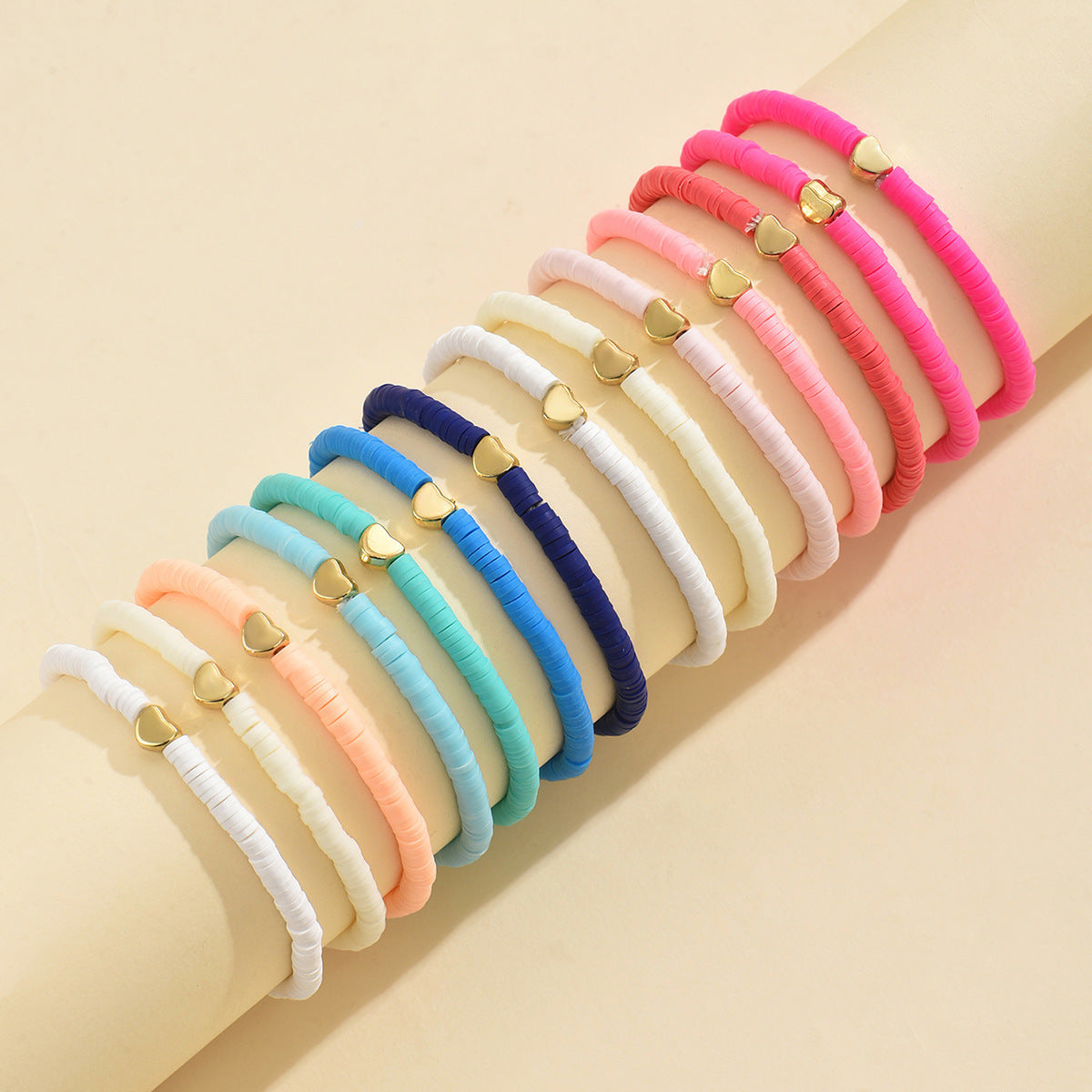 Colorful Heart-Shaped Polymer Clay Beaded Bracelet 7pc Set