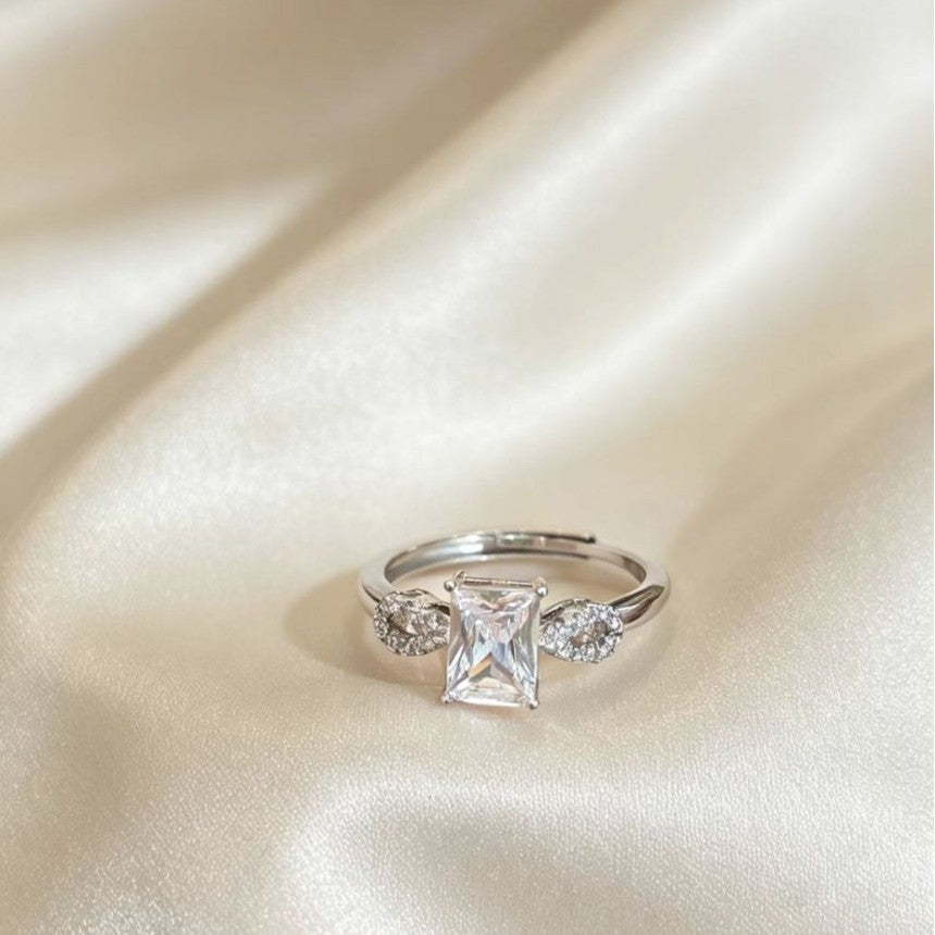 Minimalist Sugar Cube Adjustable Ring in Silver with Crystal Accents