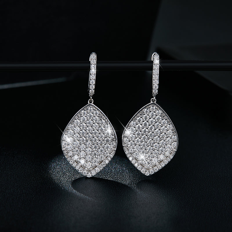 S925 Sterling Silver Leaf Pave Moissanite Teardrop Dangle Earrings