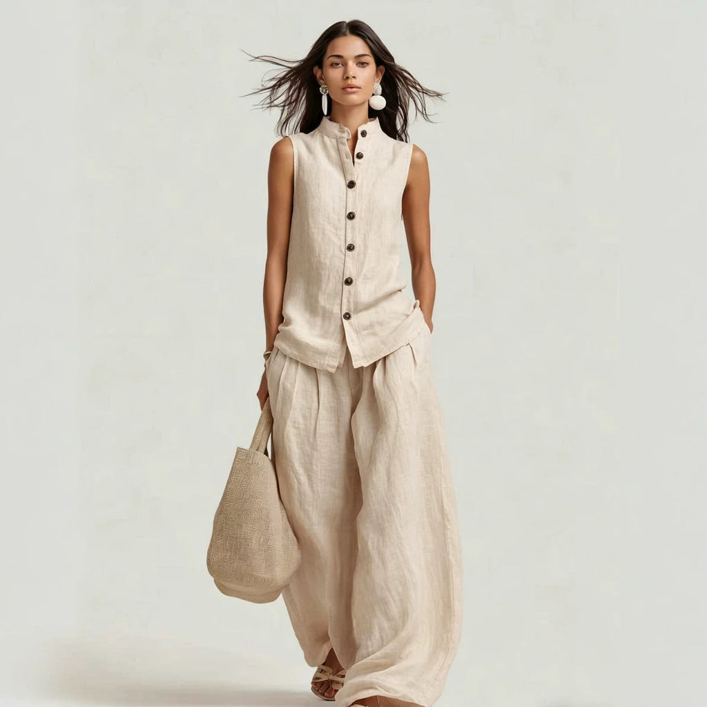 Sleeveless Stand Collar Top and Wide-Leg Pants Set - Image 5