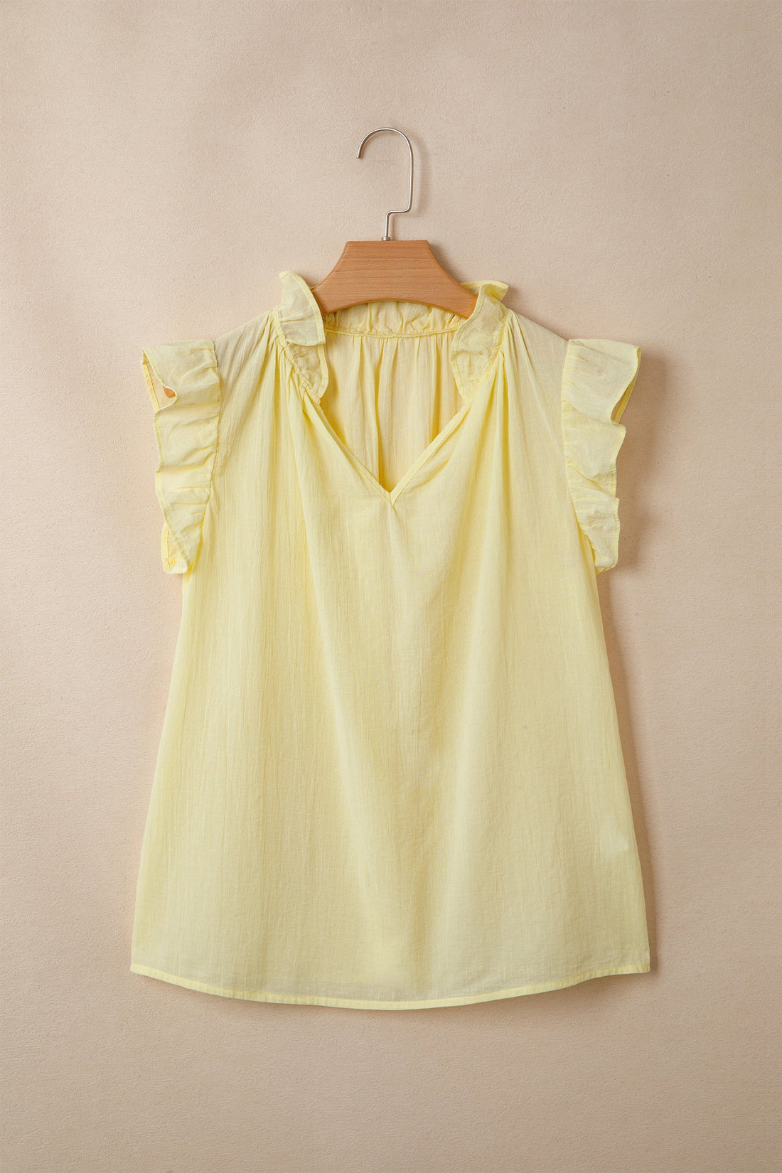 Solid V-Neck Sleeveless Top with Ruffle Trim in Yellow