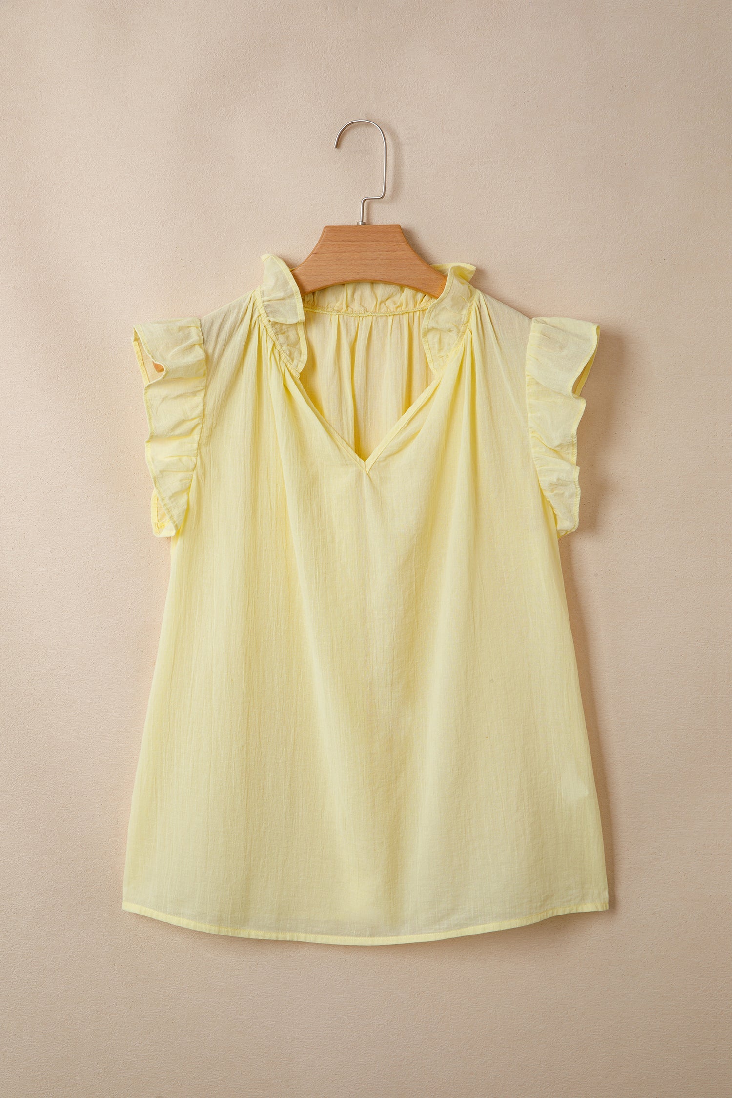 Solid V-Neck Sleeveless Top with Ruffle Trim in Yellow