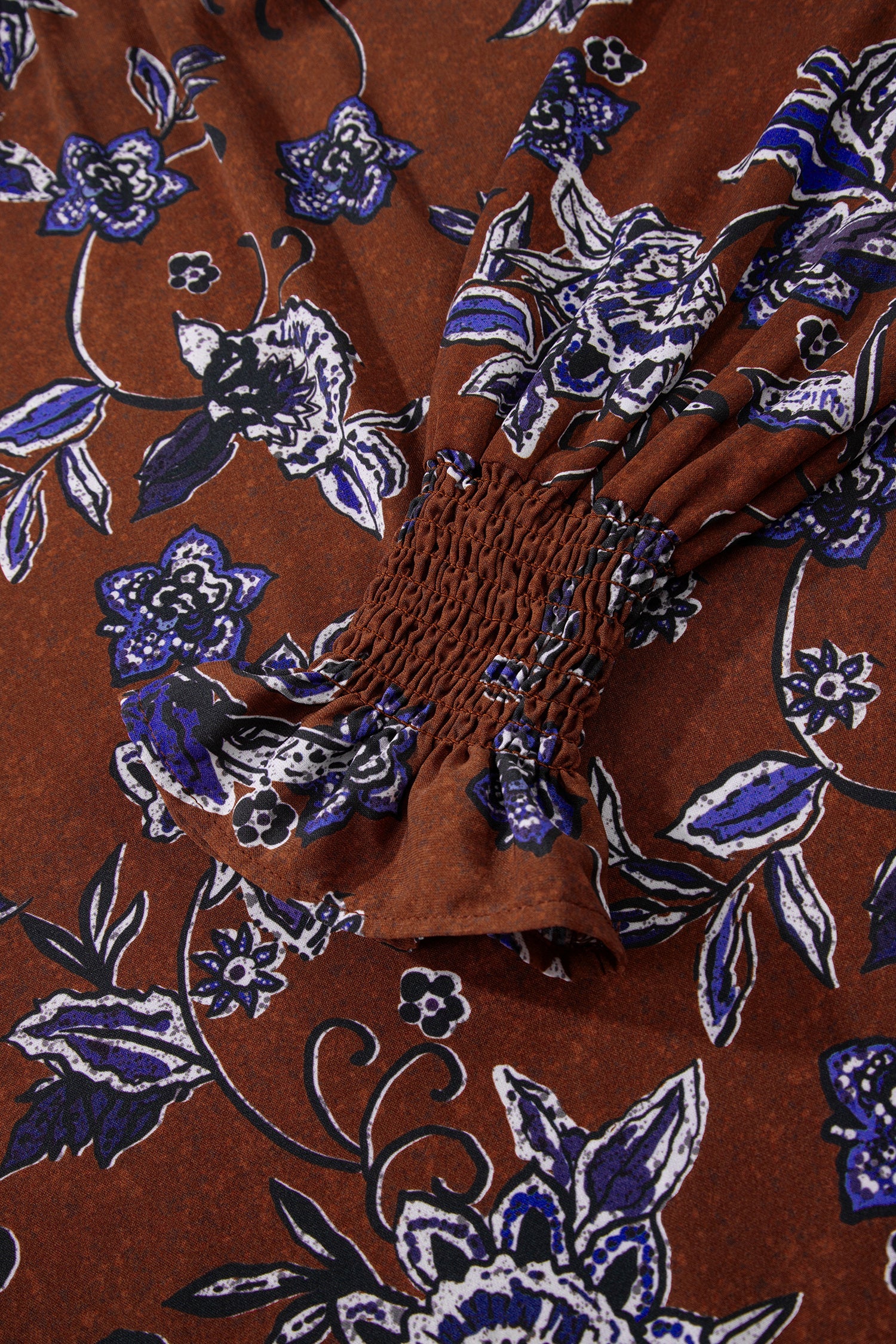Brown Autumn Floral Print Smocked Cuffs Shift Blouse