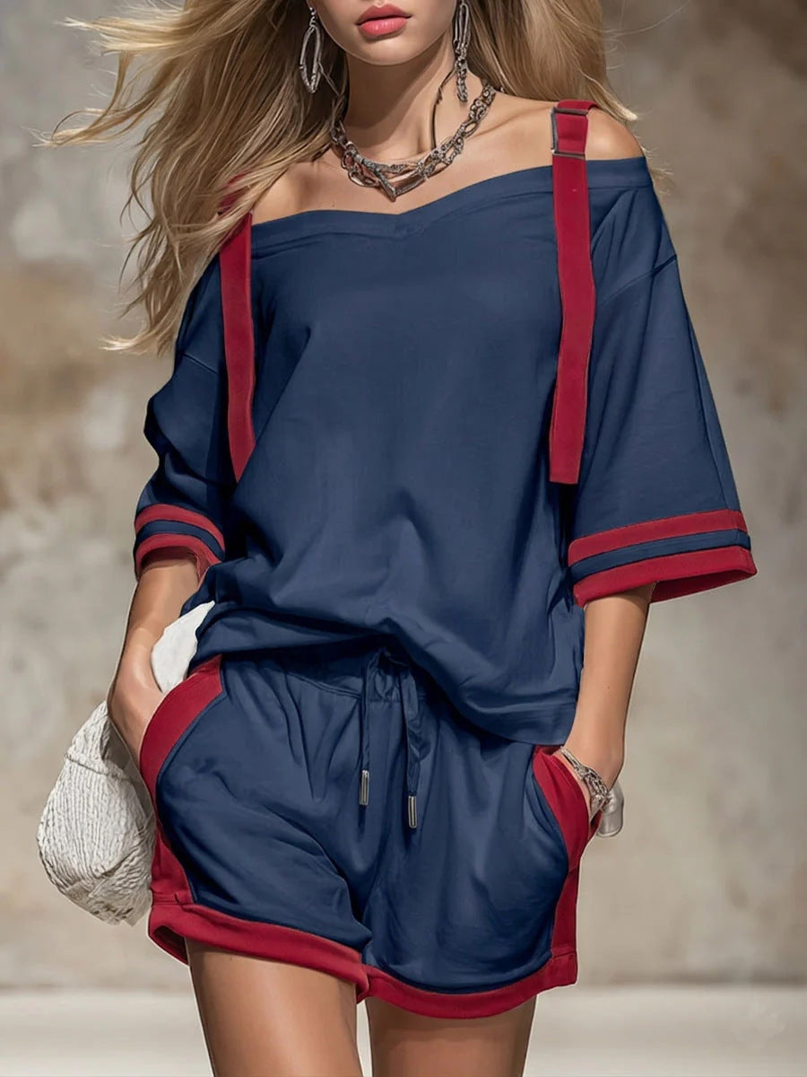 Women's Contrast Color-Block Shorts Set Two-Piece Casual Outfit