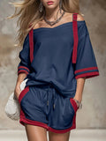 Women's Contrast Color-Block Shorts Set Two-Piece Casual Outfit