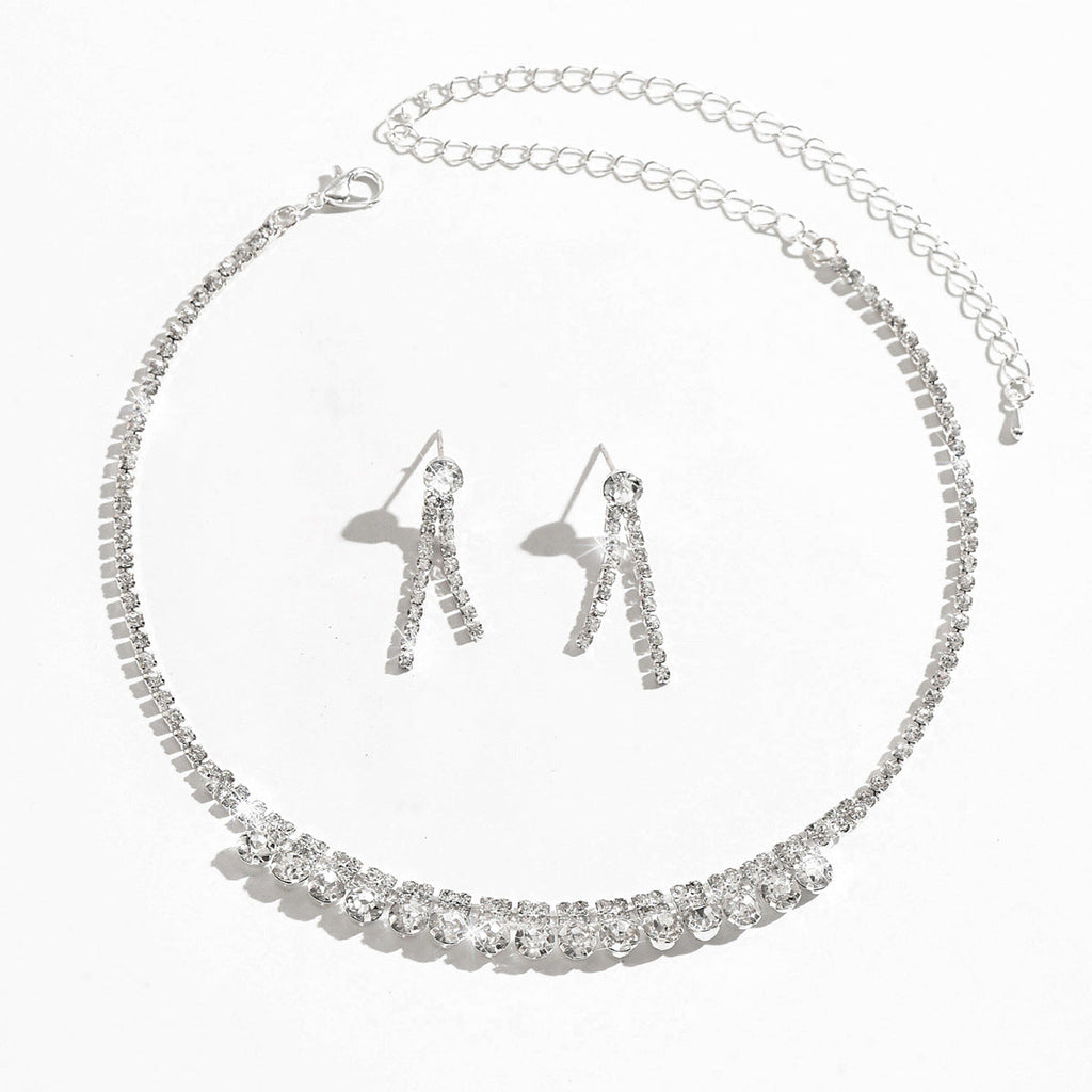 Womens Glamorous Bridal 2 Pcs Rhinestone Set,Silver Tone Graduated Round Stone Choker And Double Row Tassel Earrings For Wedding Party Wear