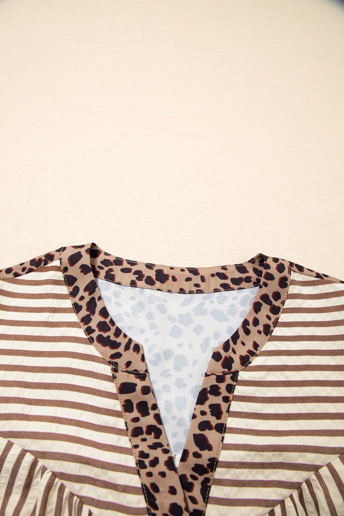Stripe Leopard Trim 3/4 Sleeve Midi Shirt Dress