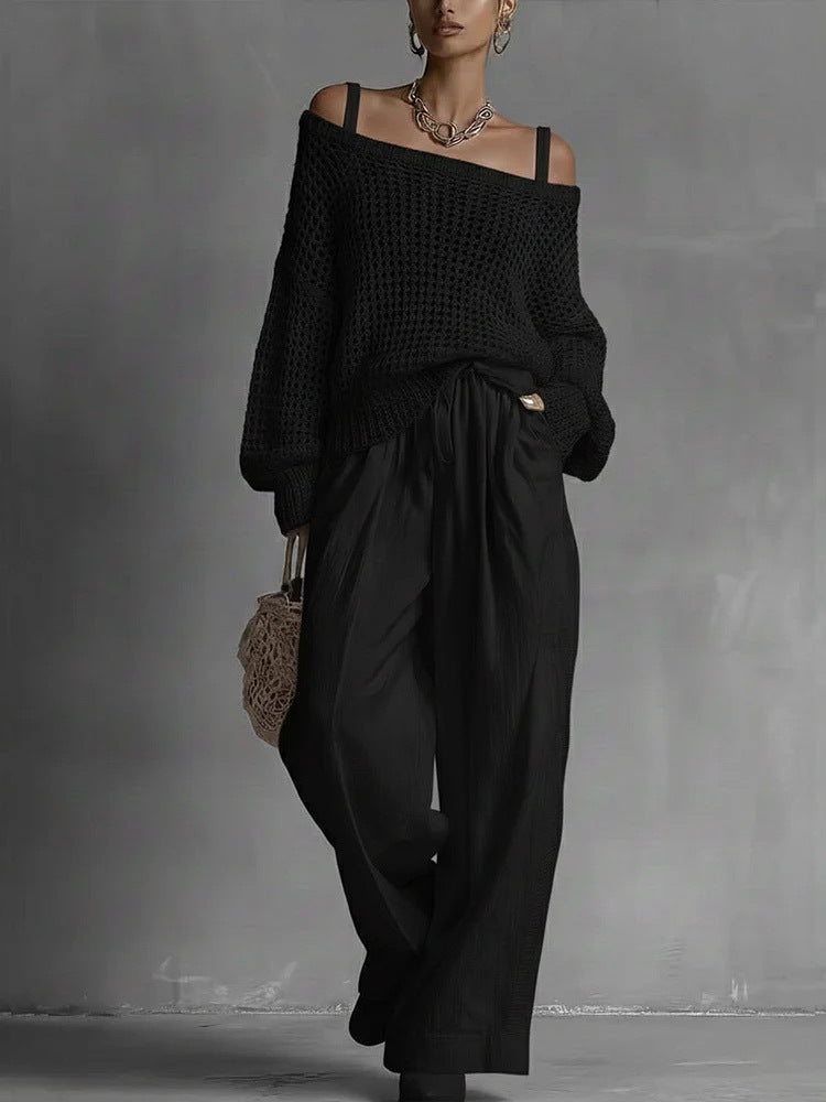 Women's Hollow-Out Knit Top and Wide-Leg Linen Pants Two-Piece Set - Image 5