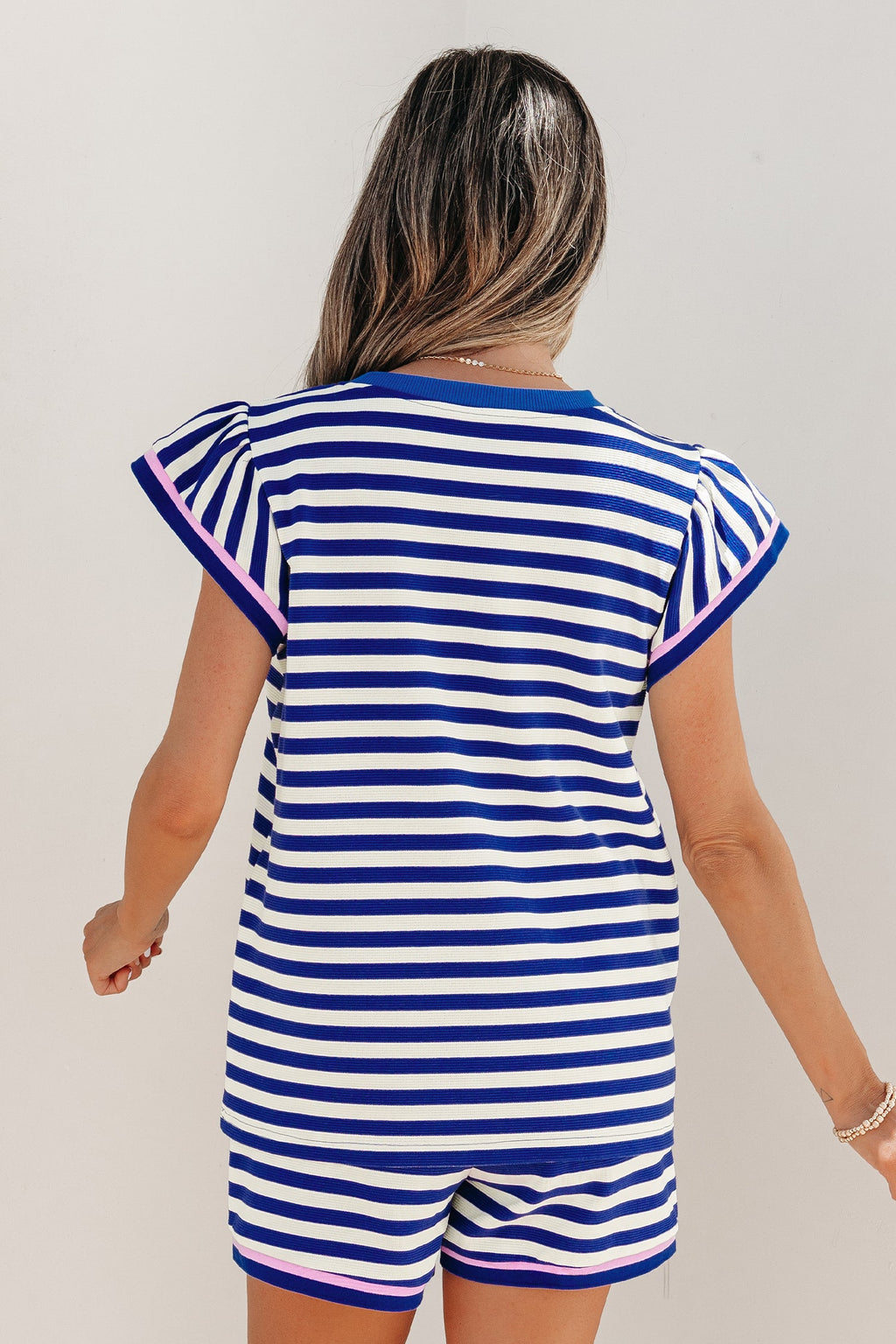 Xiomara Trim Cap Sleeve Top & Shorts Set - Striped Knit