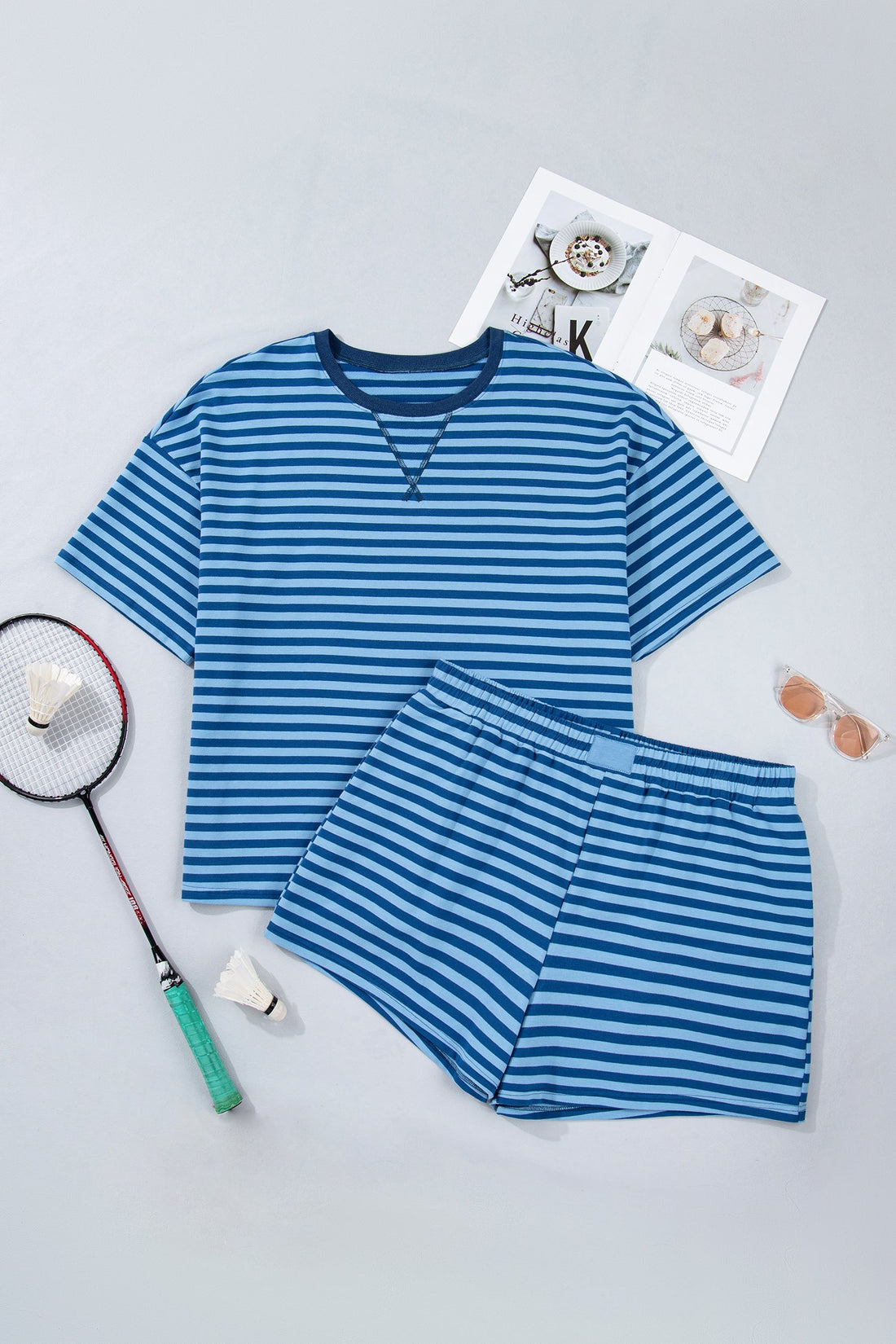 Stripe Dropped Shoulder Tee & Shorts Set in Blue