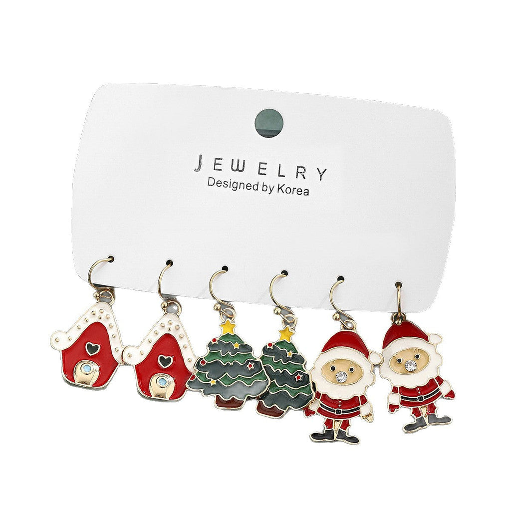 Cross-Border Personalized Christmas Alloy Earrings Christmas Hat Colorful Star Dot Diamond Christmas Tree Elk Gingerbread Man Earrings