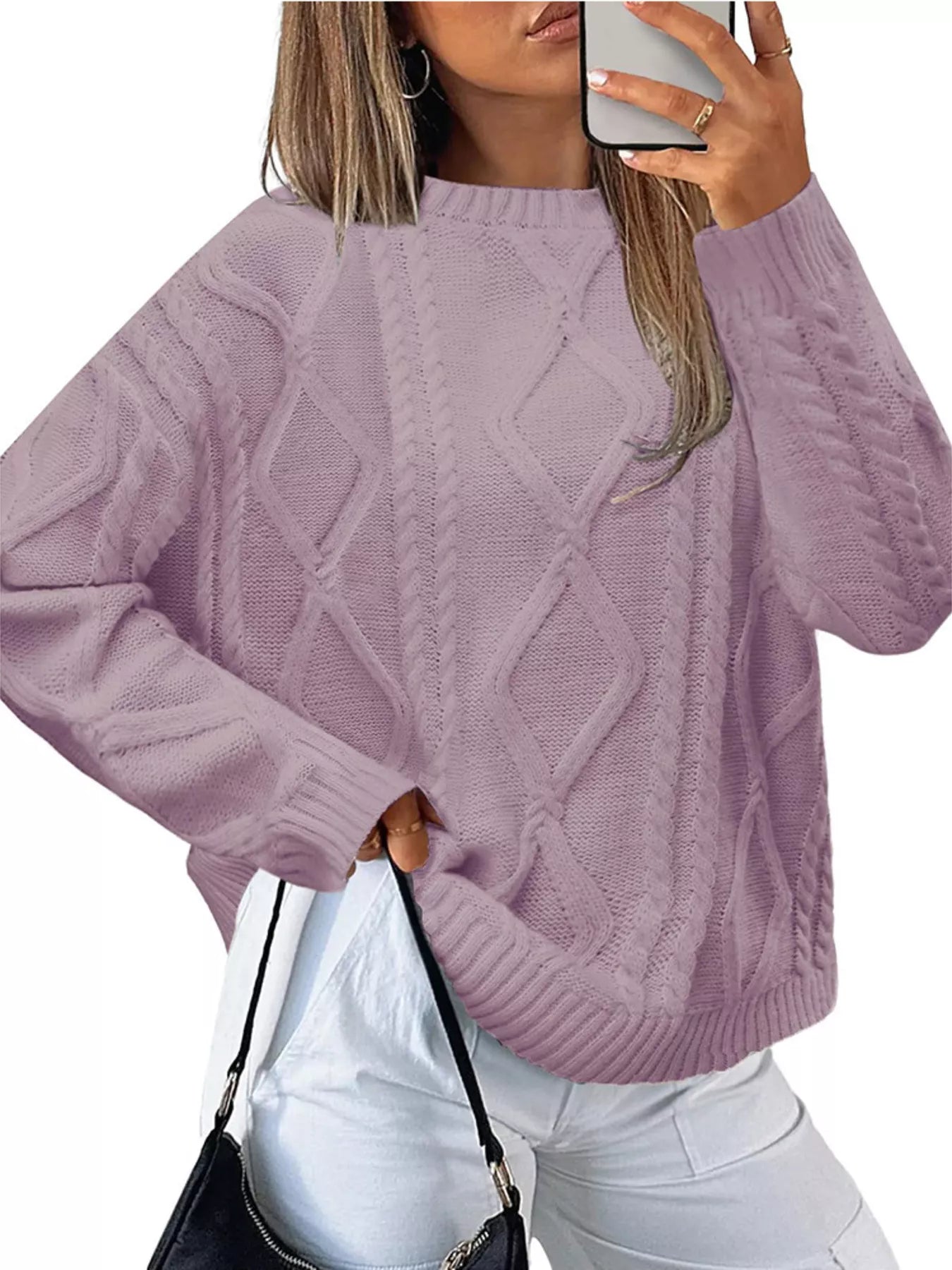 Lavender Cable Knit Round Neck Long Sleeve Sweater - Image 2
