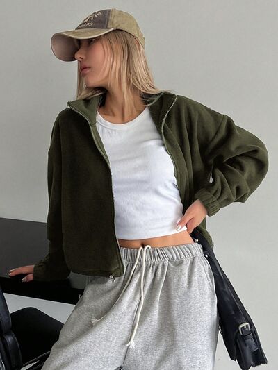 Olive Green Zip-Up Cropped Jacket – Trendy Lightweight Outerwear
