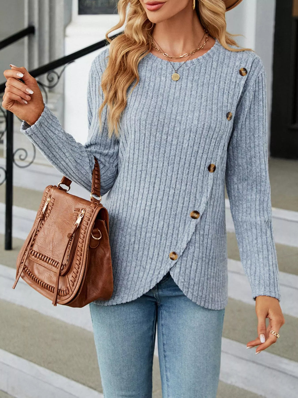 Blue Ribbed Knit Long Sleeve Top with Decorative Button Detail - Image 3