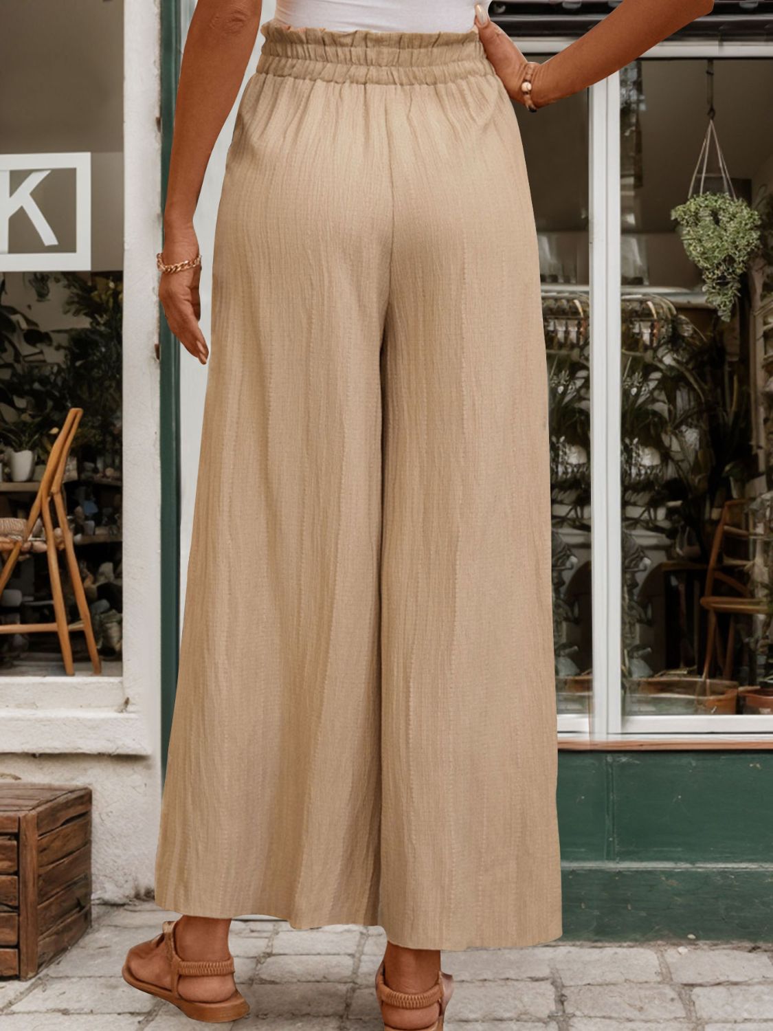Beige Frill Wide Leg Tie Waist Pants Relaxed Fit Trousers - Image 2