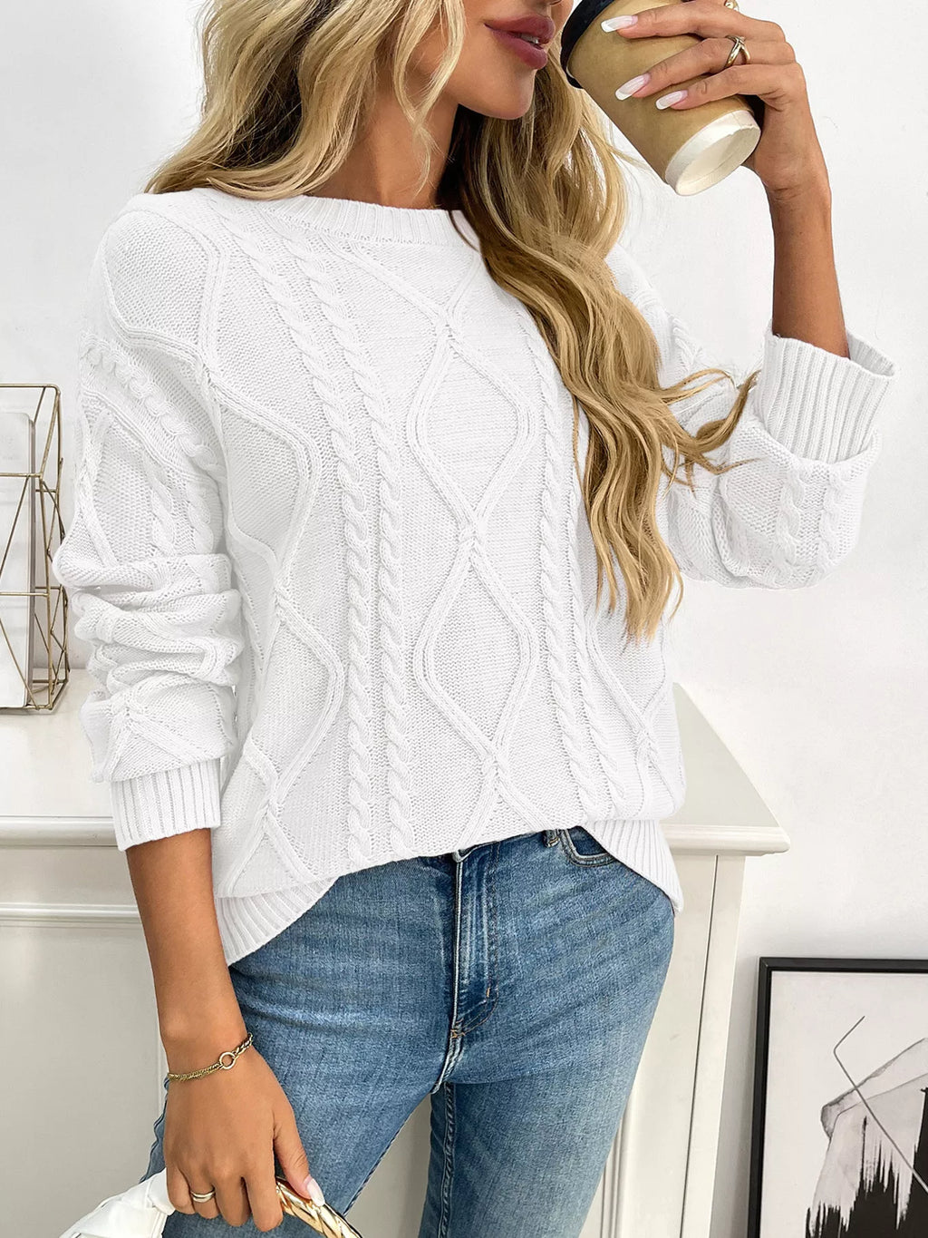 Lavender Cable Knit Round Neck Long Sleeve Sweater - Image 13