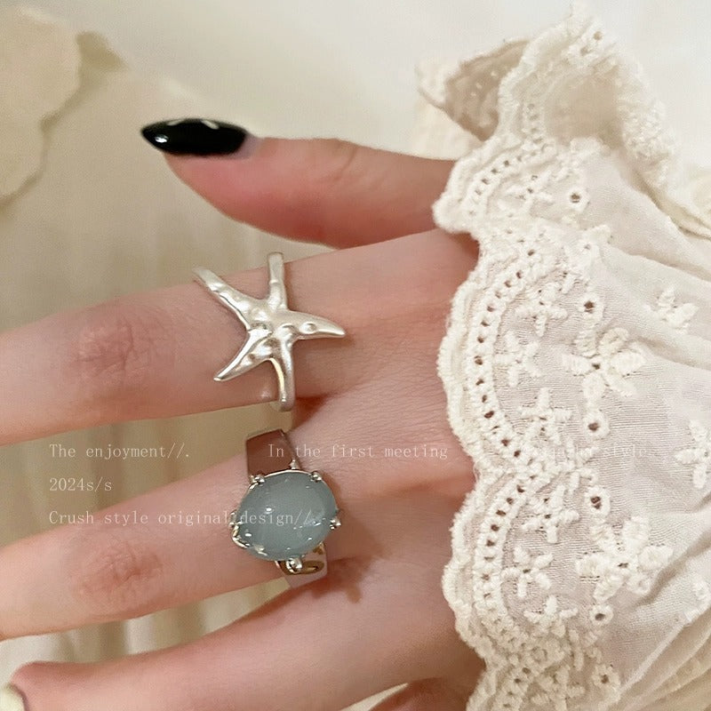 Starfish Bead Adjustable Open Ring For Women, Niche High-End Literary Retro Elegant Index Finger Jewelry