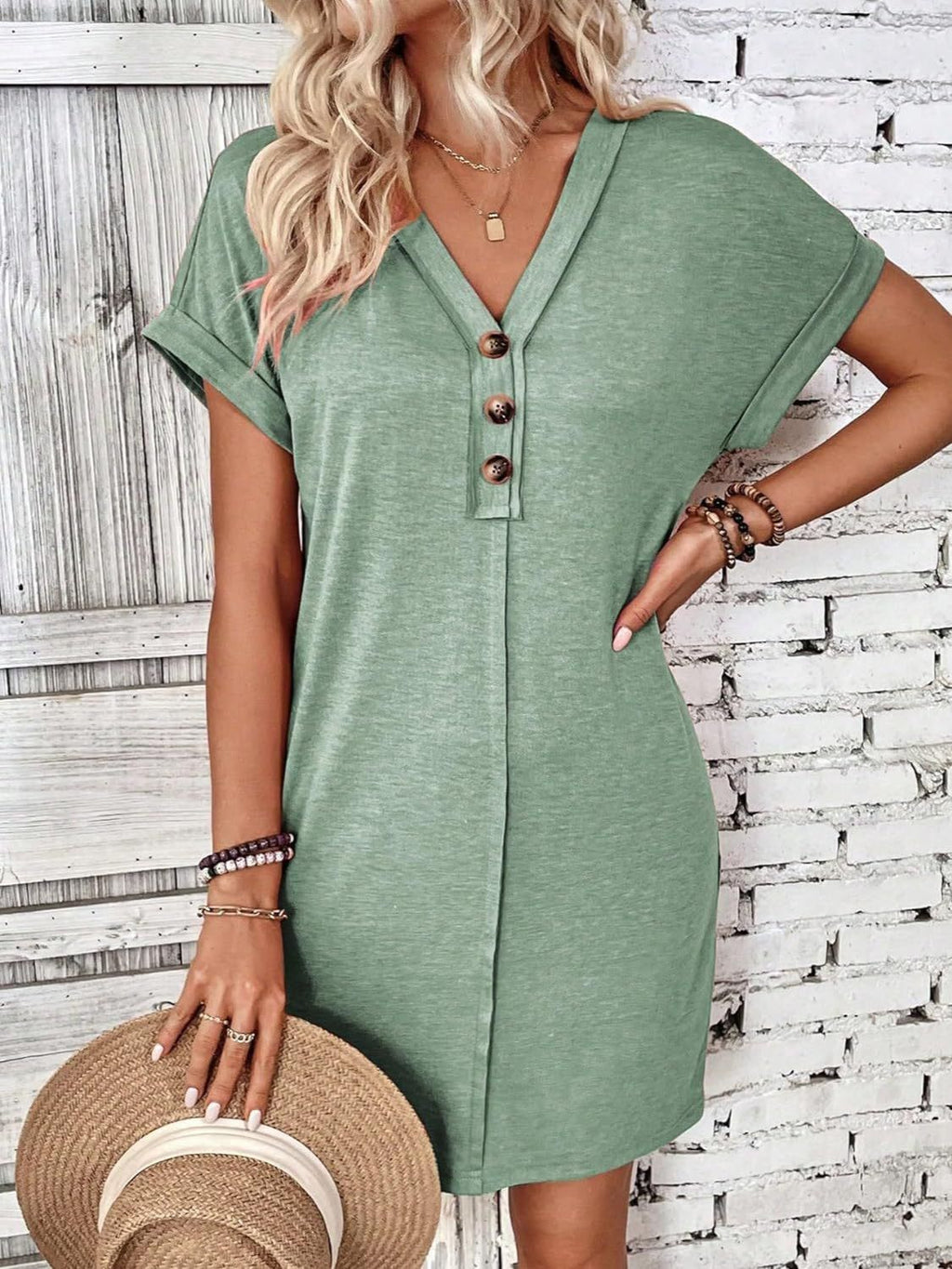 V-Neck Short Sleeve Button-Front Dress for Casual and Office Wear