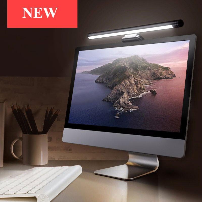Black Stevvex LED screenbar desk lamp mounted on a computer monitor for office study